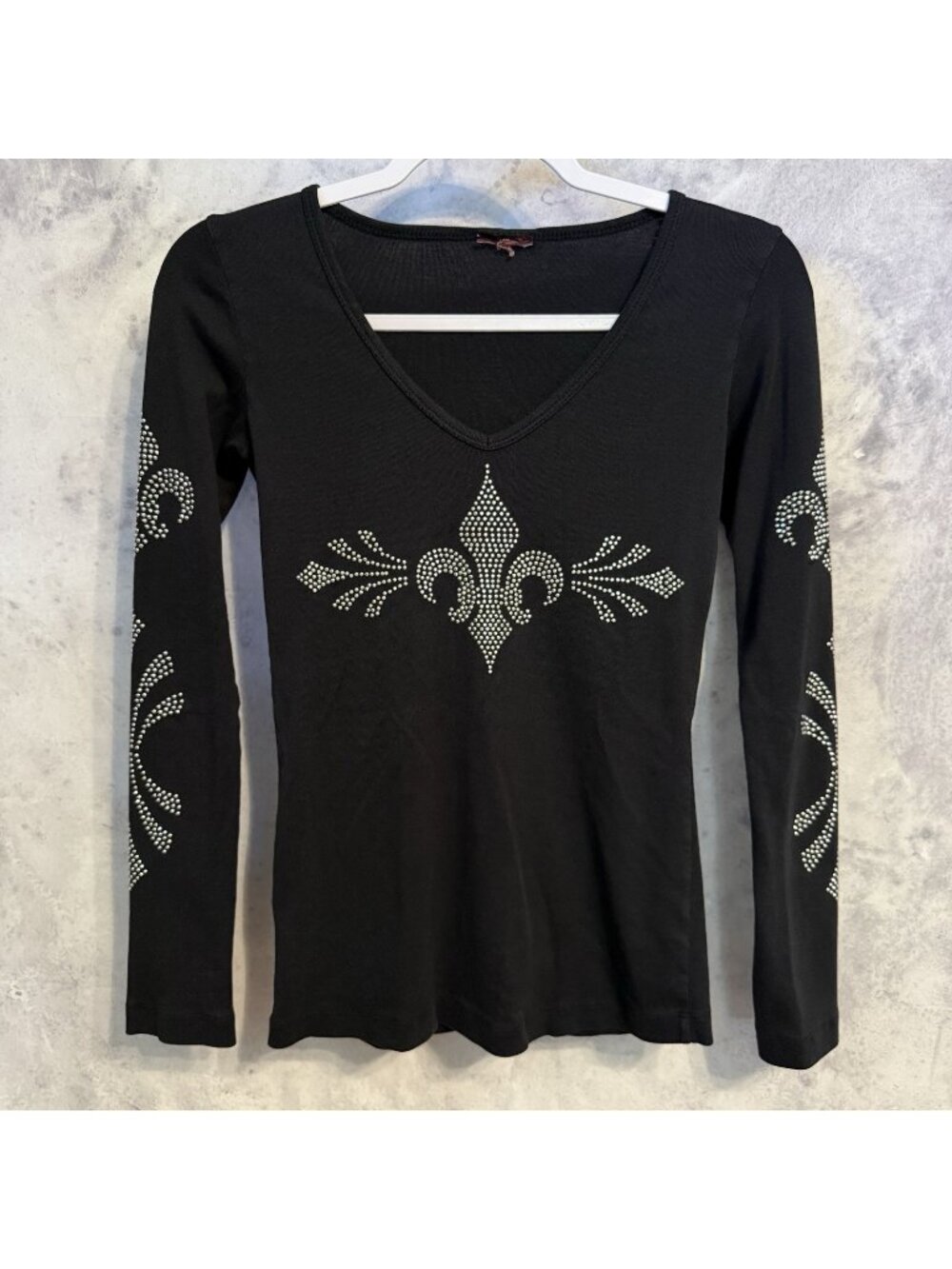 Vintage Y2K Rhinestone Womens S Long Sleeve T Shirt Black Grunge Size Small